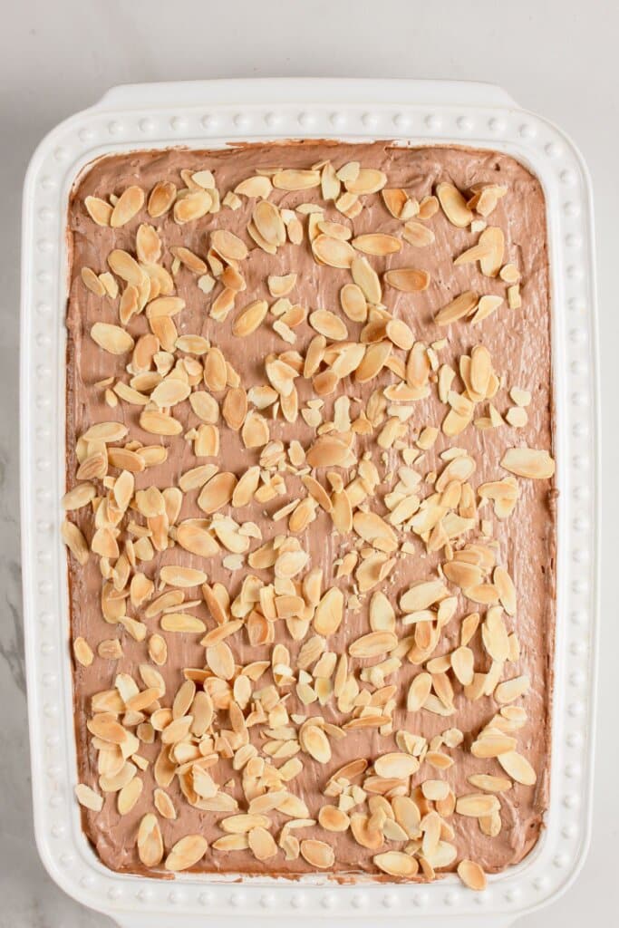 Finished love cake in a baking dish.