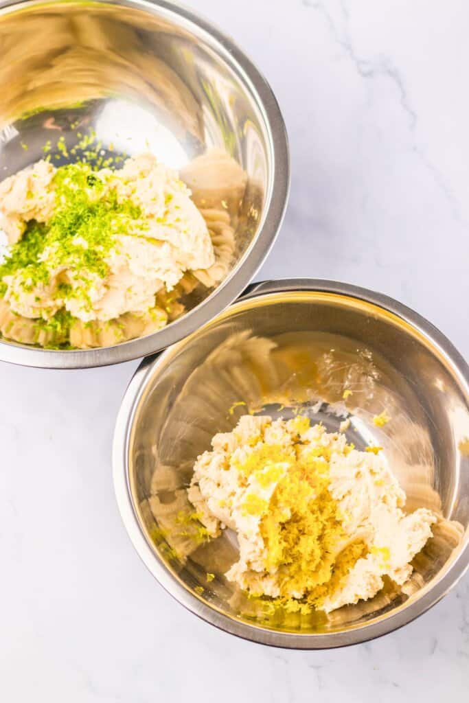 Zest being added to two bowls of dough.
