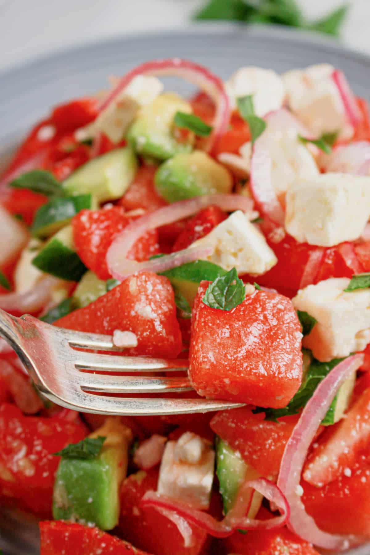 Bowl of watermelon and cucumber salad.