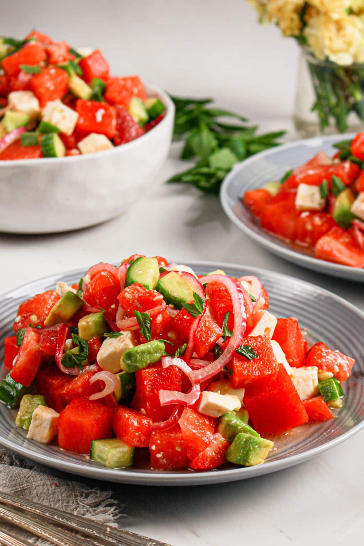 Bowl of watermelon and cucumber salad.