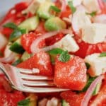 Bowl of watermelon and cucumber salad.