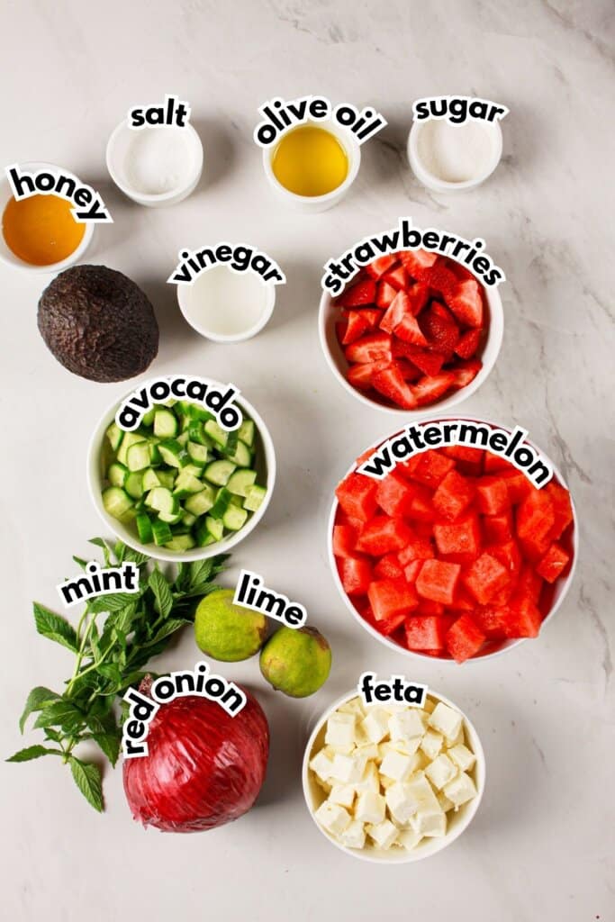 Bowls of ingredients labelled with text.