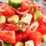 Bowl of watermelon and cucumber salad.