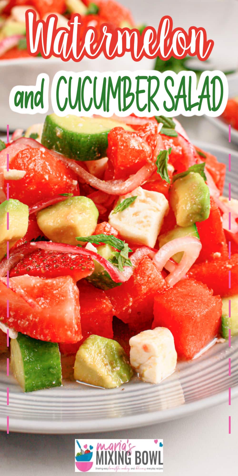 Bowl of watermelon and cucumber salad.