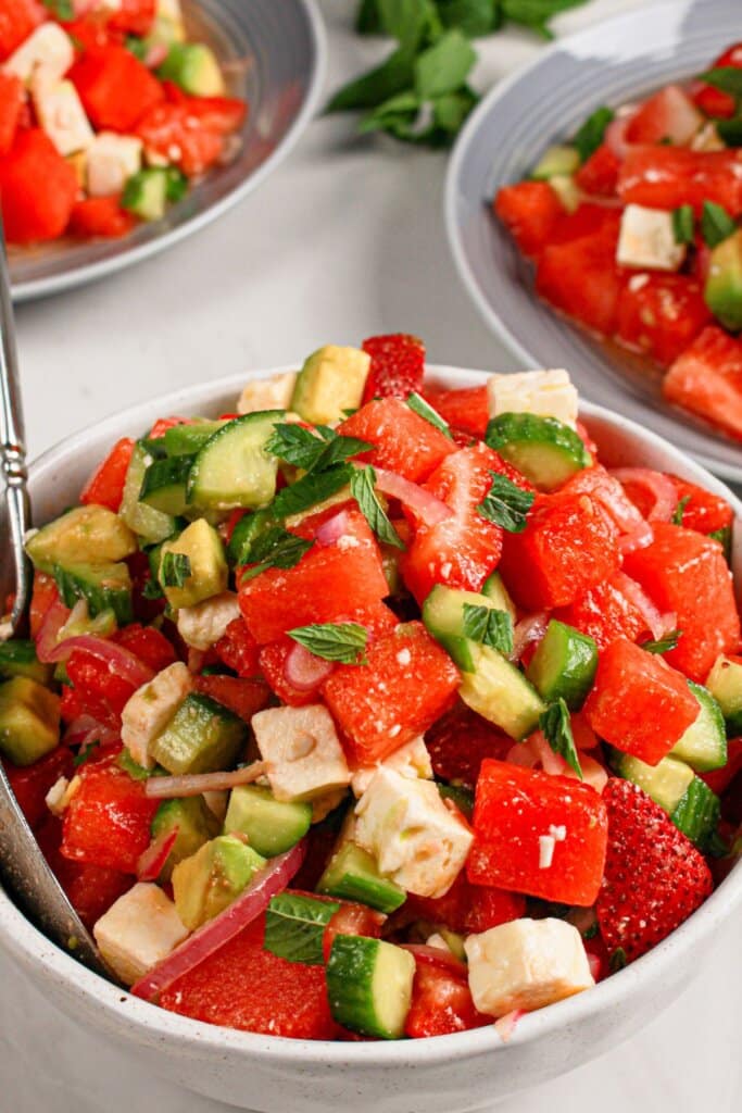 Bowl of watermelon and cucumber salad.