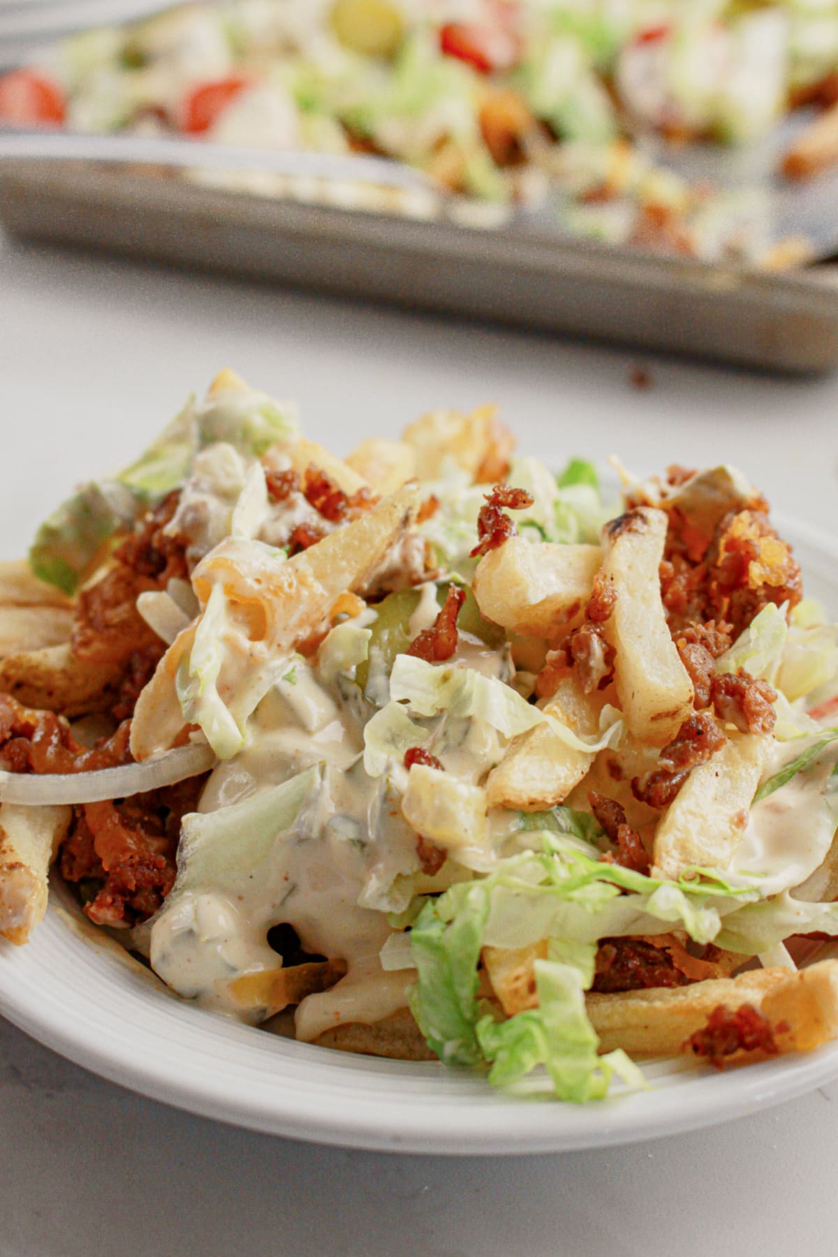 Plate full of big mac loaded fries.