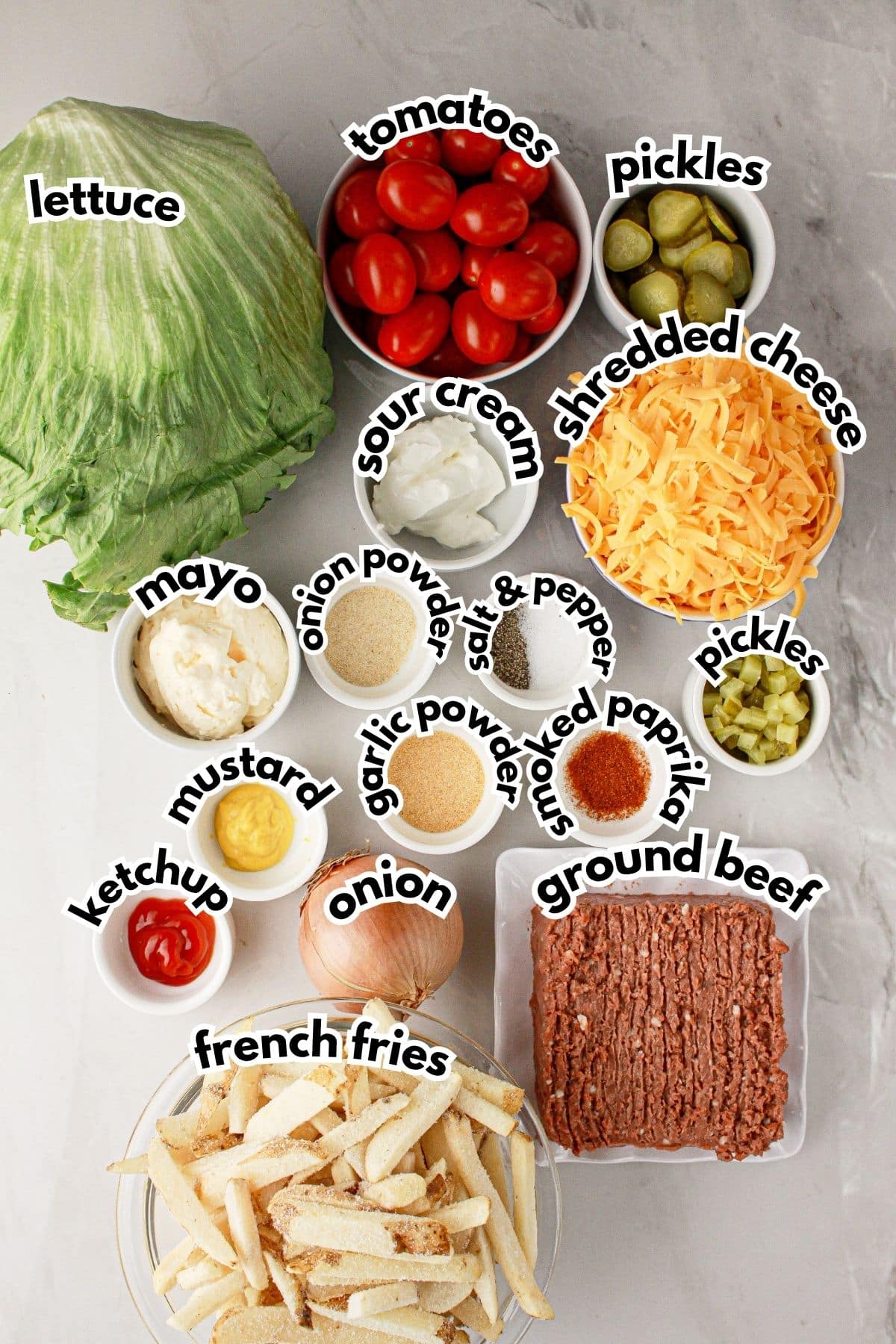 Bowls of ingredients labeled with text on a counter.
