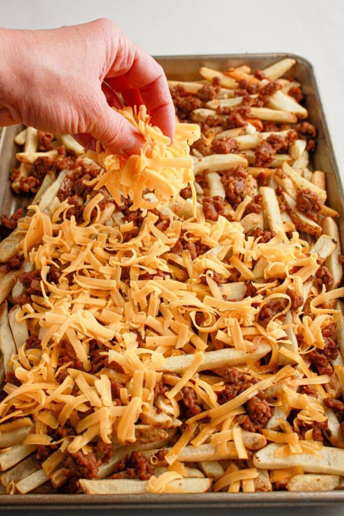Shredded cheese and beef on top of fries.