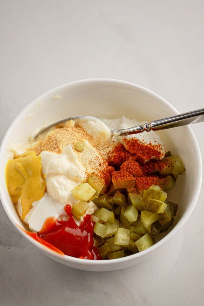 Sauce being mixed in a small bowl.
