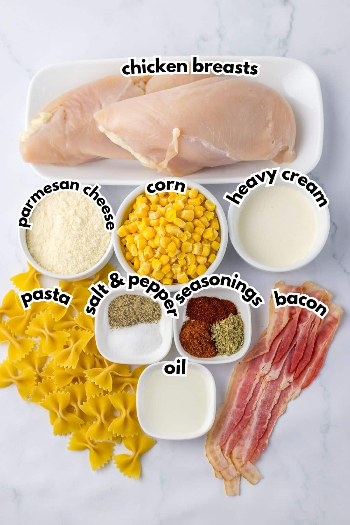 Bowls of ingredients on a counter labelled with text.