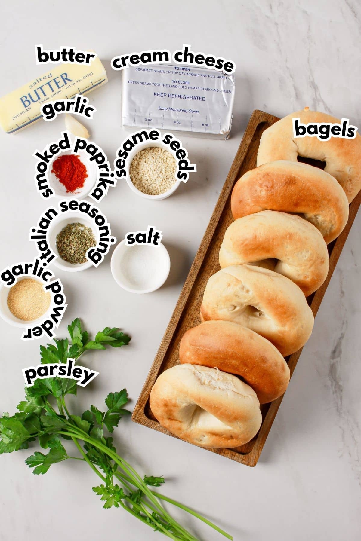 Ingredients on a counter labelled with text.