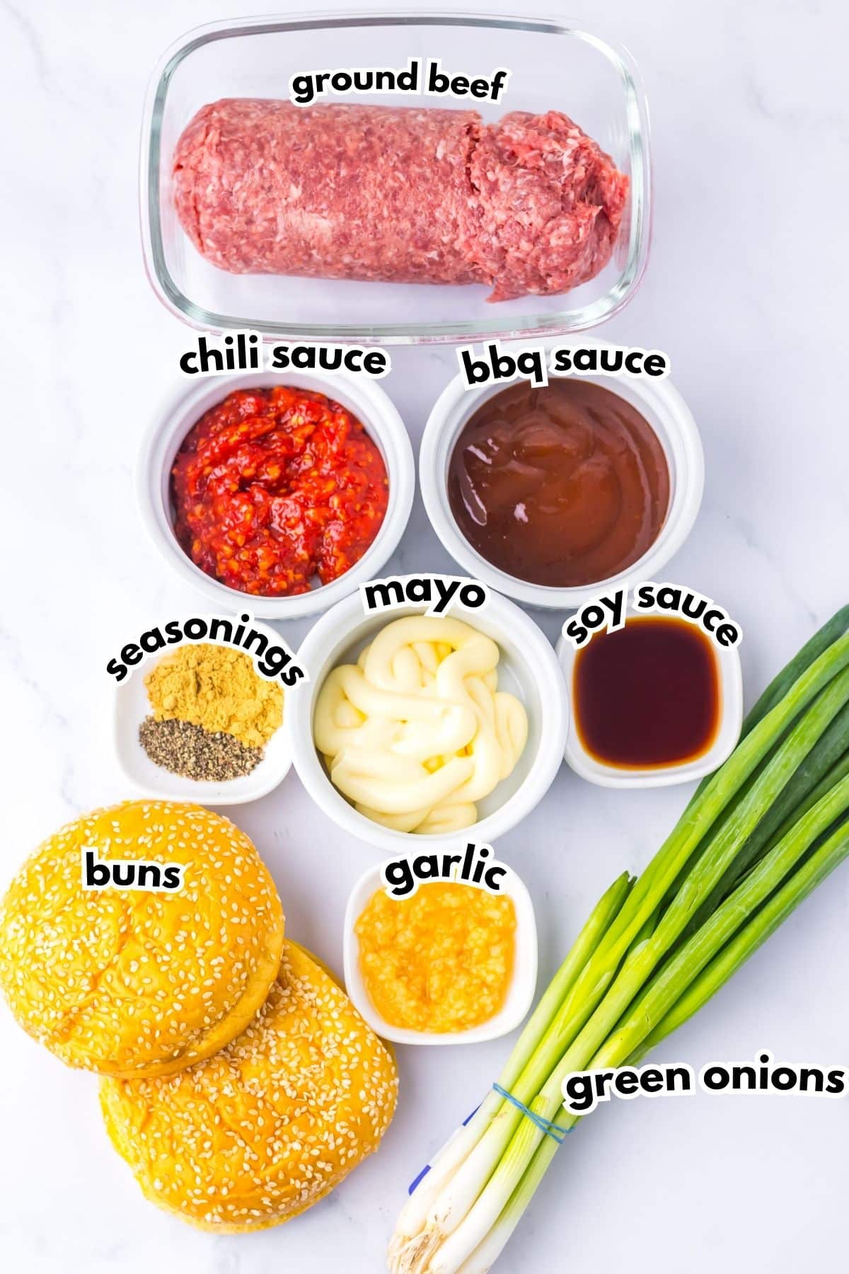 Bowls of ingredients labelled with text.