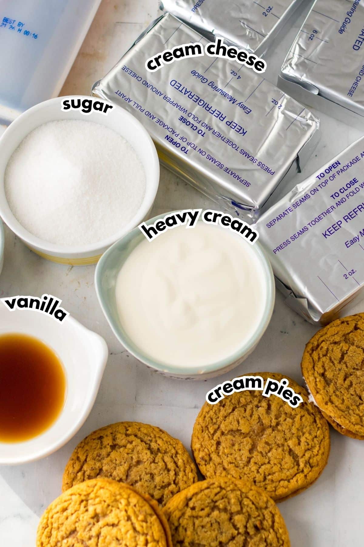 Bowls of ingredients labeled with text on a counter.