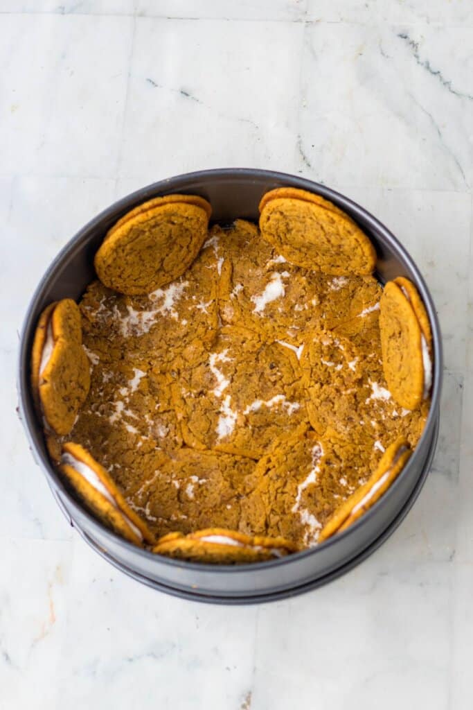Cream pies pressed into the bottom of a springform pan.