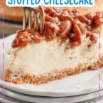 Slice of pecan pie cheesecake on a plate.