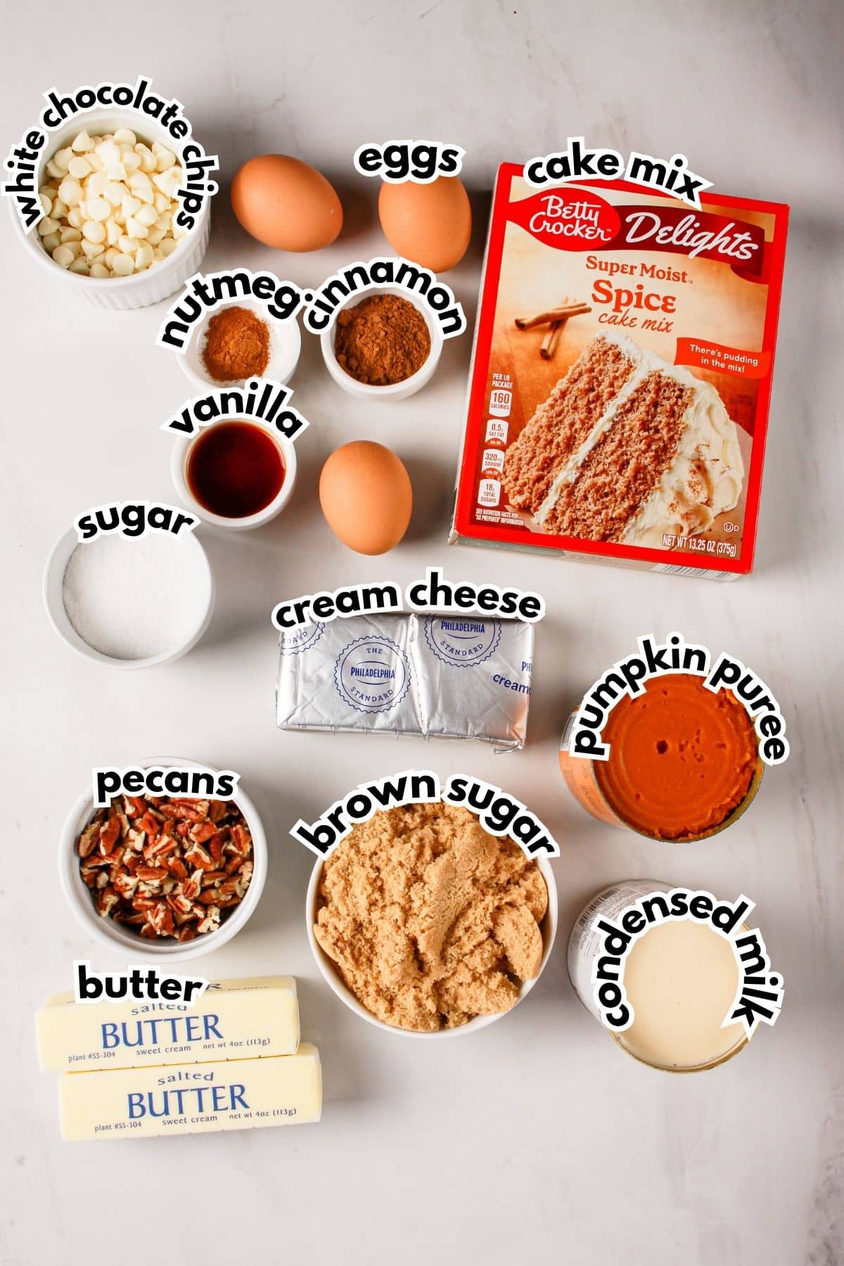 Bowls of ingredients labelled with text on a counter.