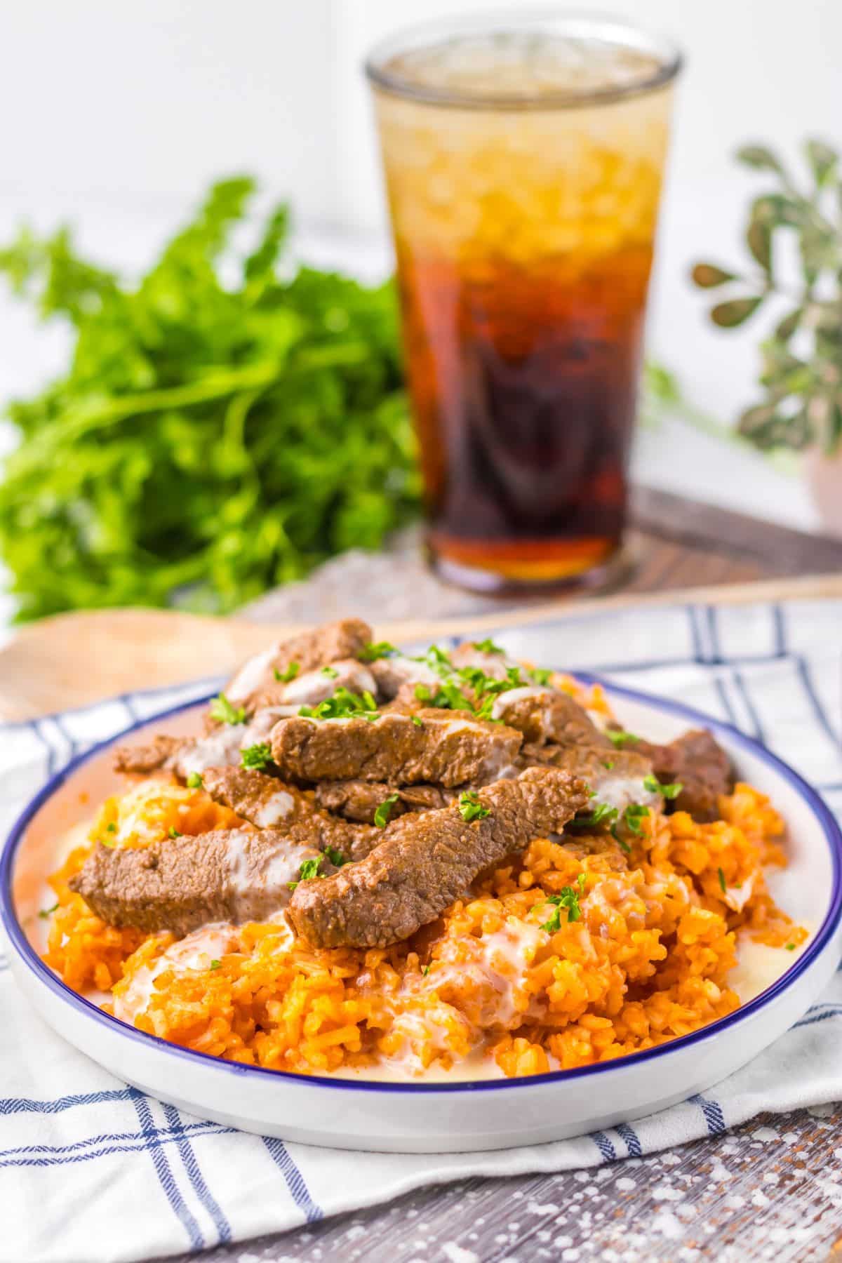 Plate full of queso steak and rice.