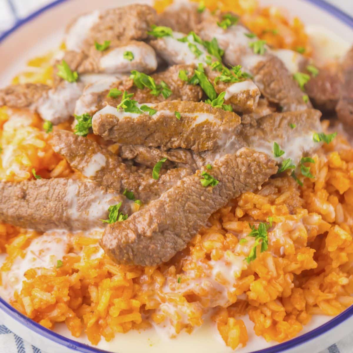 Plate full of queso steak and rice.