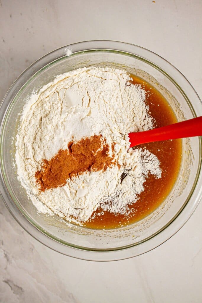 Dry ingredients being mixed into batter.