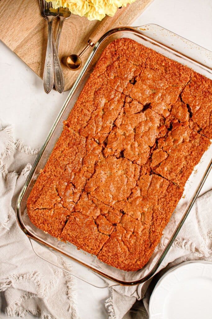 Alabama pecan bread in a glass baking dish.