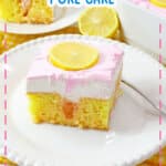 Slice of watermelon poke cake on a plate.