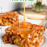 Slice of apple pecan cake on a small plate.