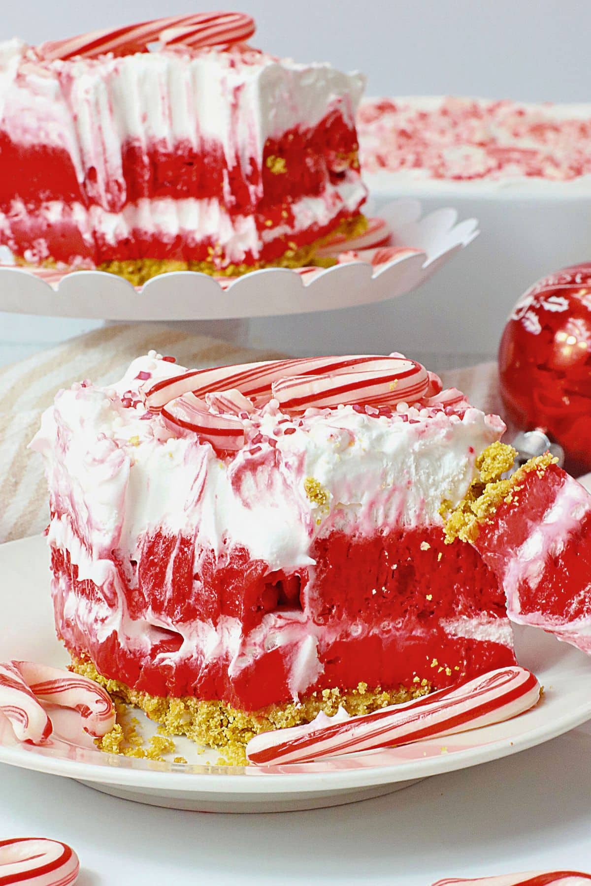 Slice of candy cane lush on a plate.