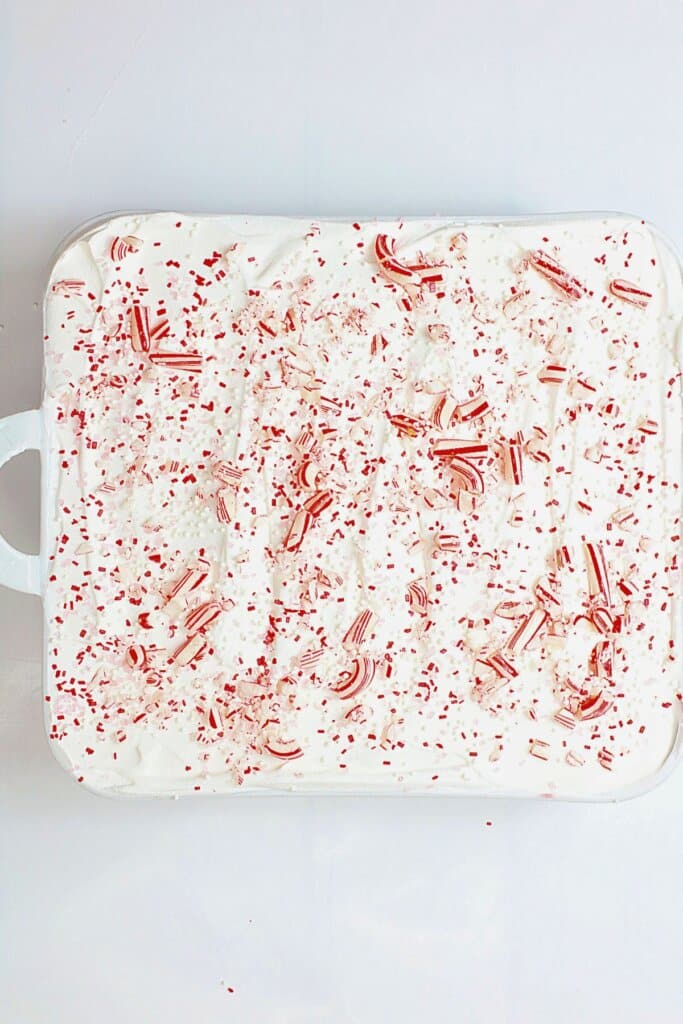 Dessert in a white baking dish.