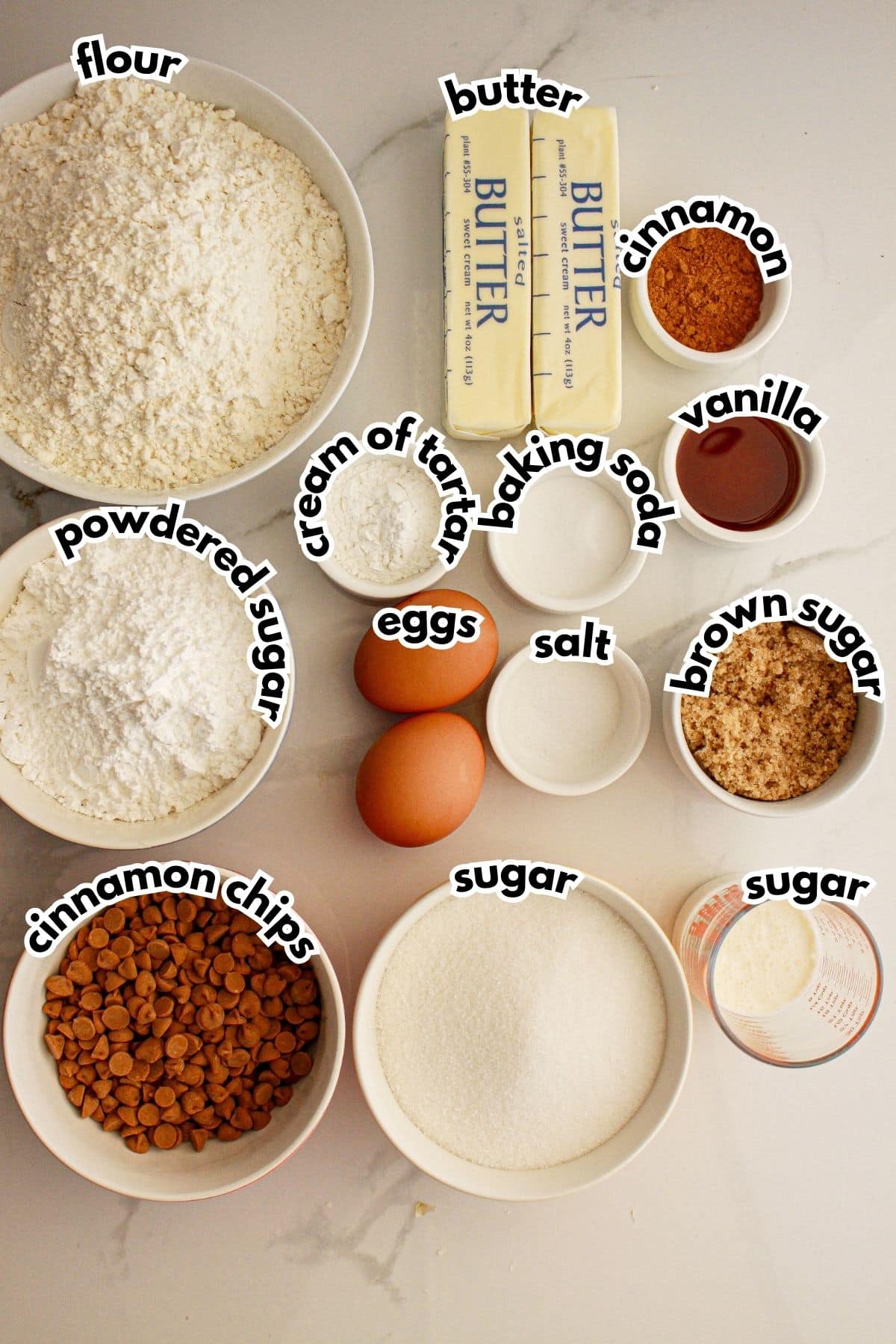 Bowls of ingredients labelled with text.