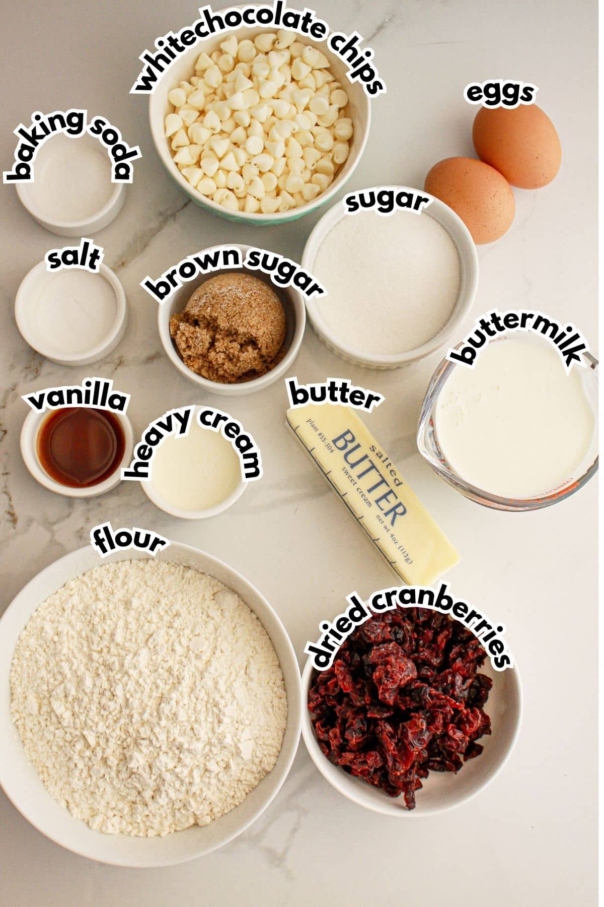Bowls of ingredients labelled with text.