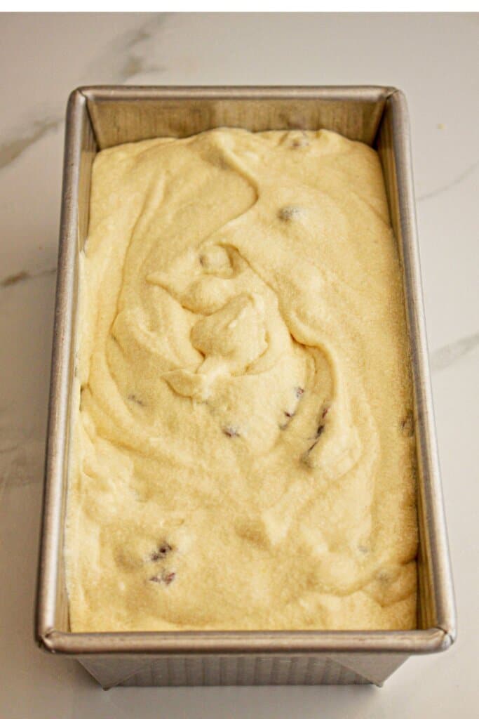 Batter in a loaf pan.