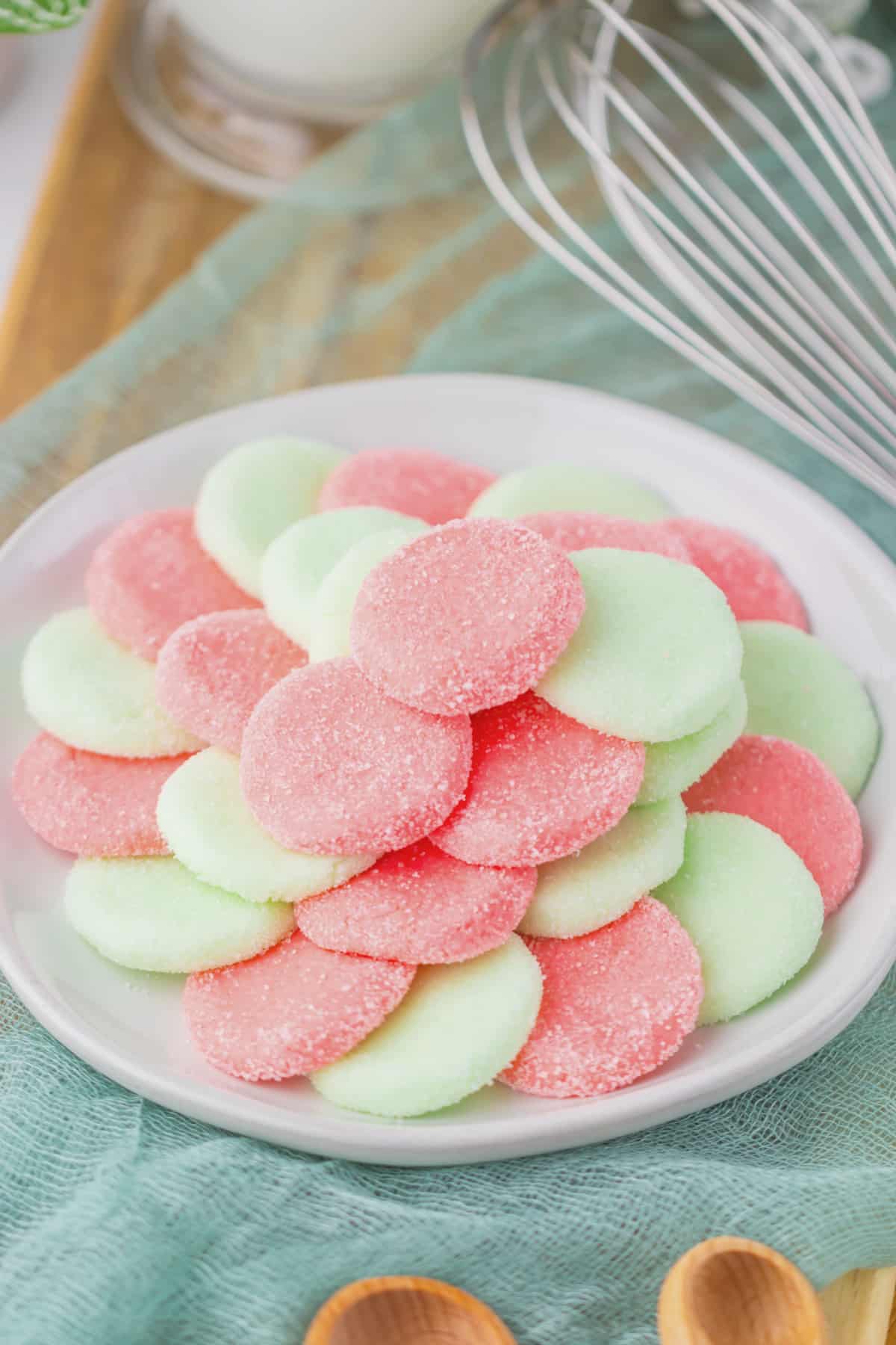 Plate of cream cheese candy melts on a table.