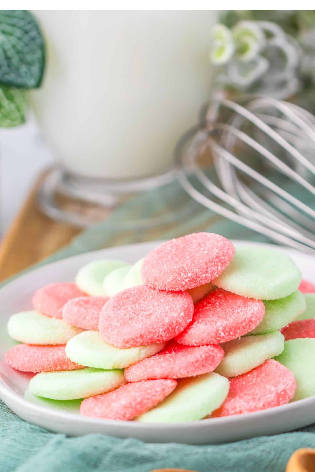 Plate of cream cheese candy melts on a table.