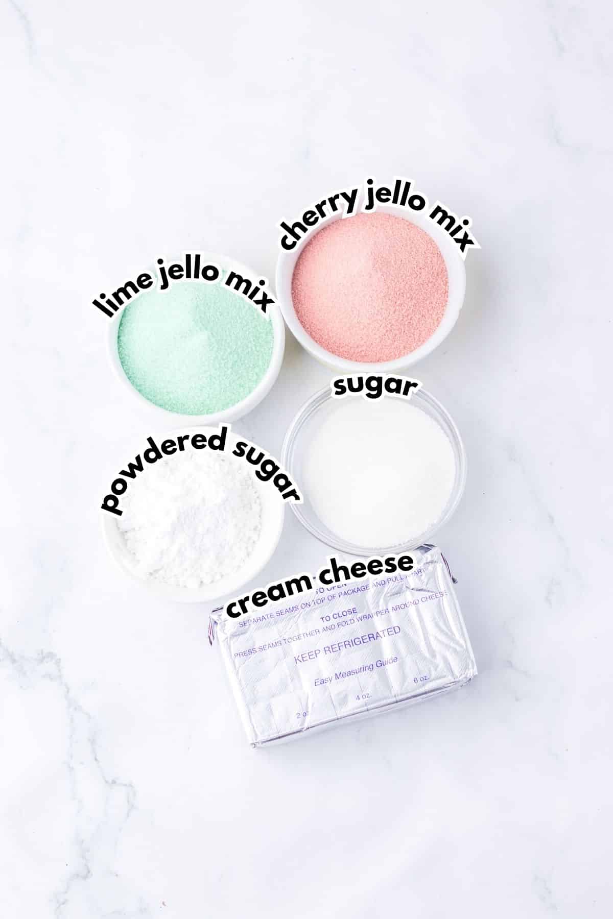 Bowls of ingredients labelled with text.
