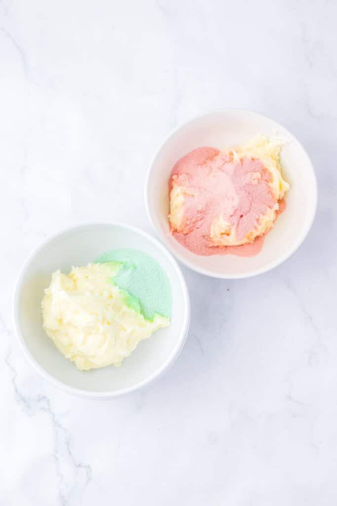 Bowls of dough being mixed.