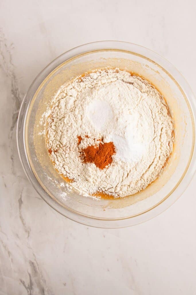 Dry ingredients being added to dough.