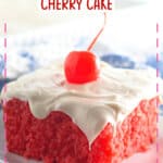Slice of maraschino cherry cake on a plate.