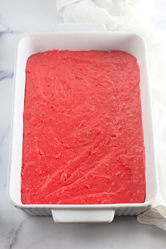 Batter in a white baking dish.