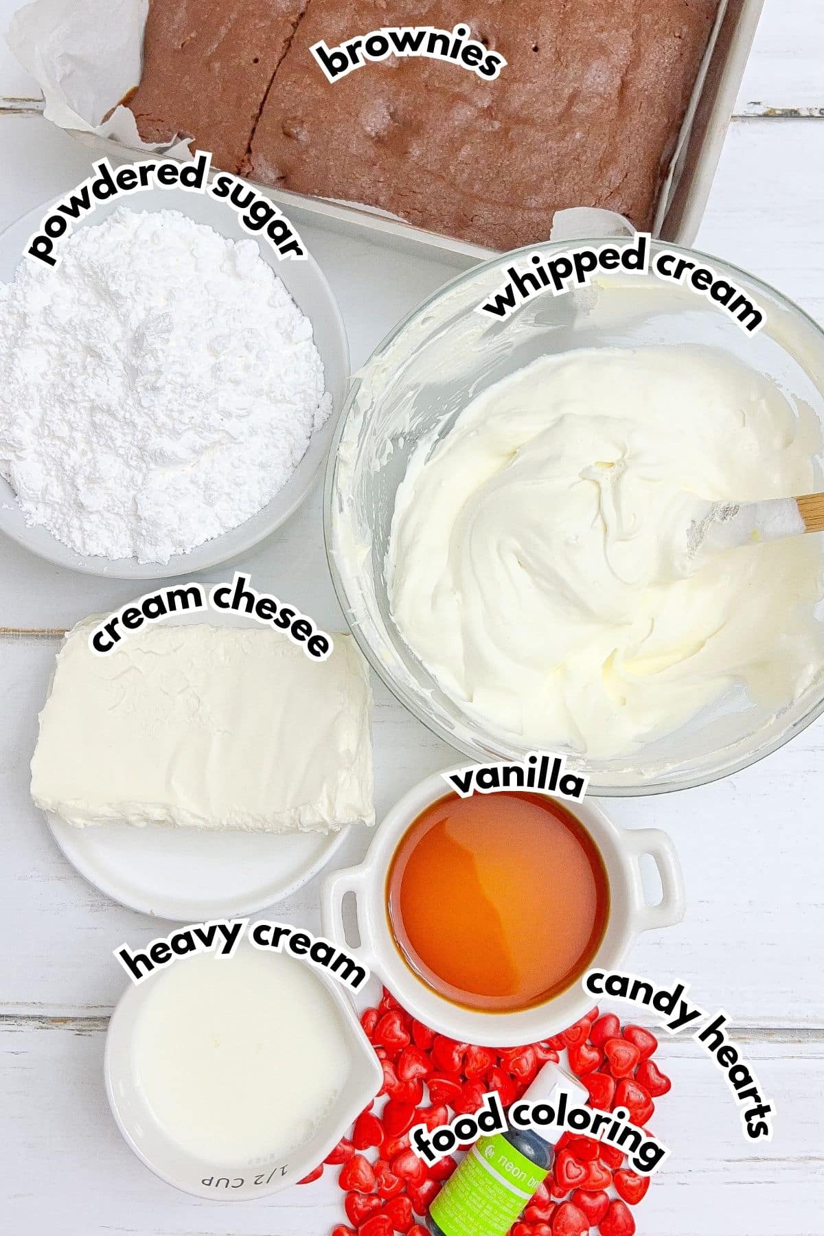Bowls of ingredients labelled with text.