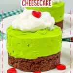 Mini grinch cheesecakes on a plate.