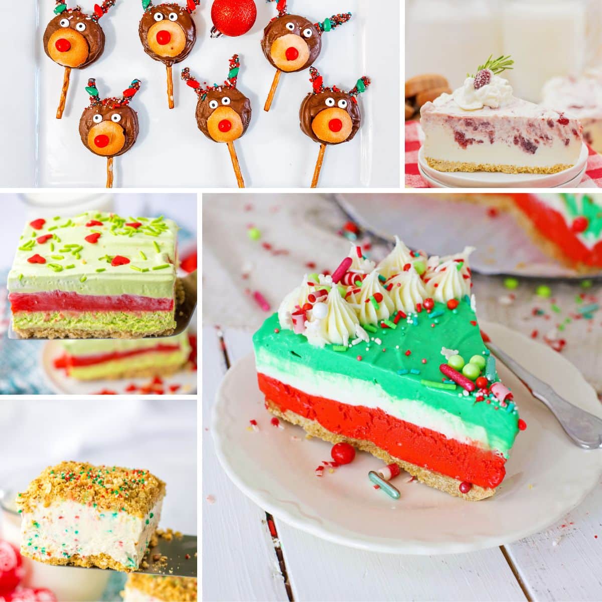 Collage of no bake holiday desserts.
