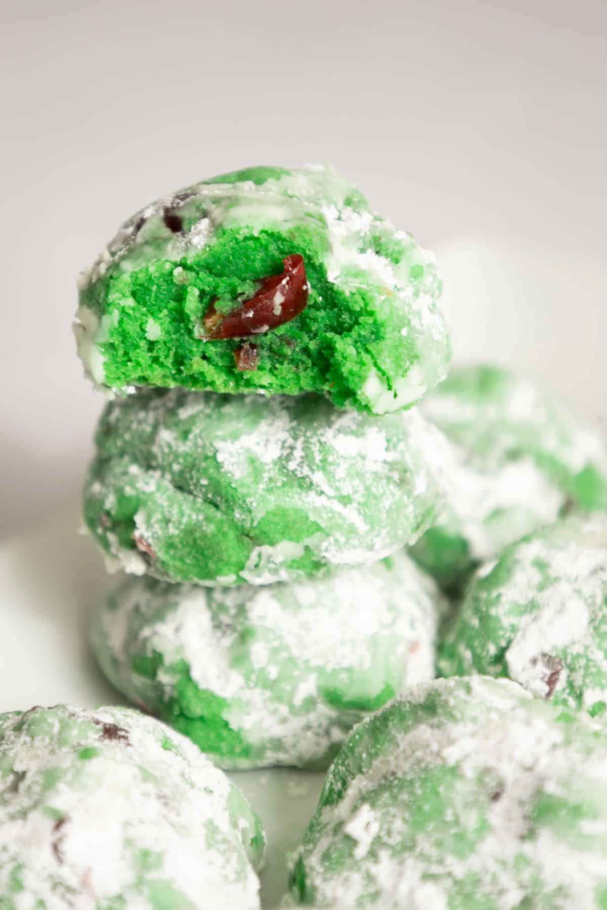Pistachio cherry cookies on a platter.