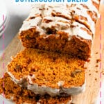 Slices of pumpkin butterscotch bread on a cutting board.