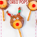 Reindeer Oreo pops are on a white plate.