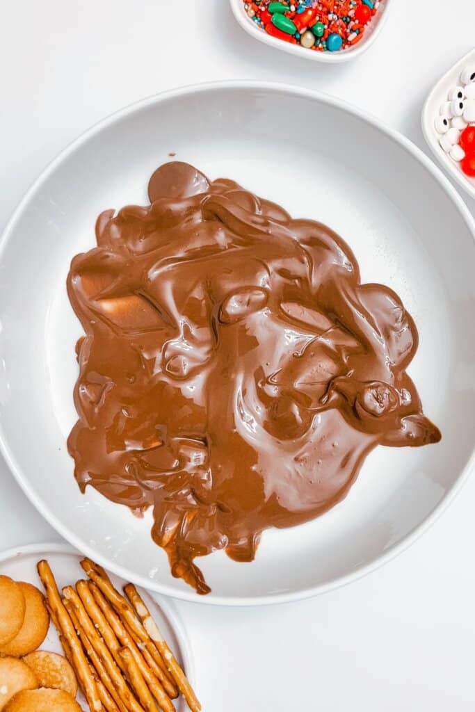 Melted chocolate on a white plate.