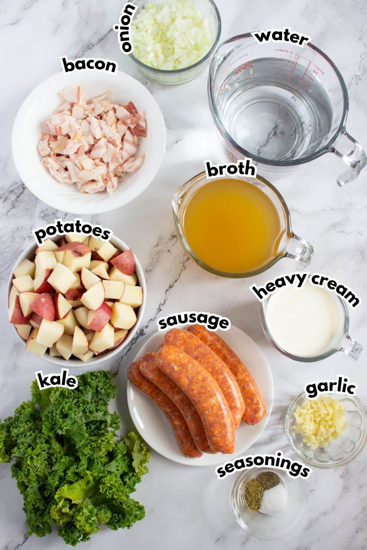 Bowls of ingredients labelled with text.