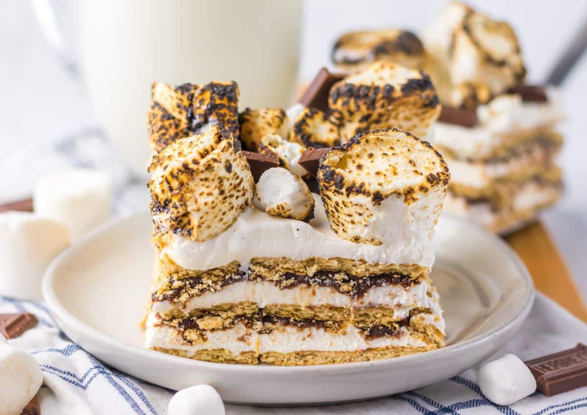Slice of smores icebox cake on a plate.