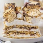 Slice of smores icebox cake on a small plate.