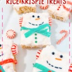 Snowman Rice Krispie treat on a plate.
