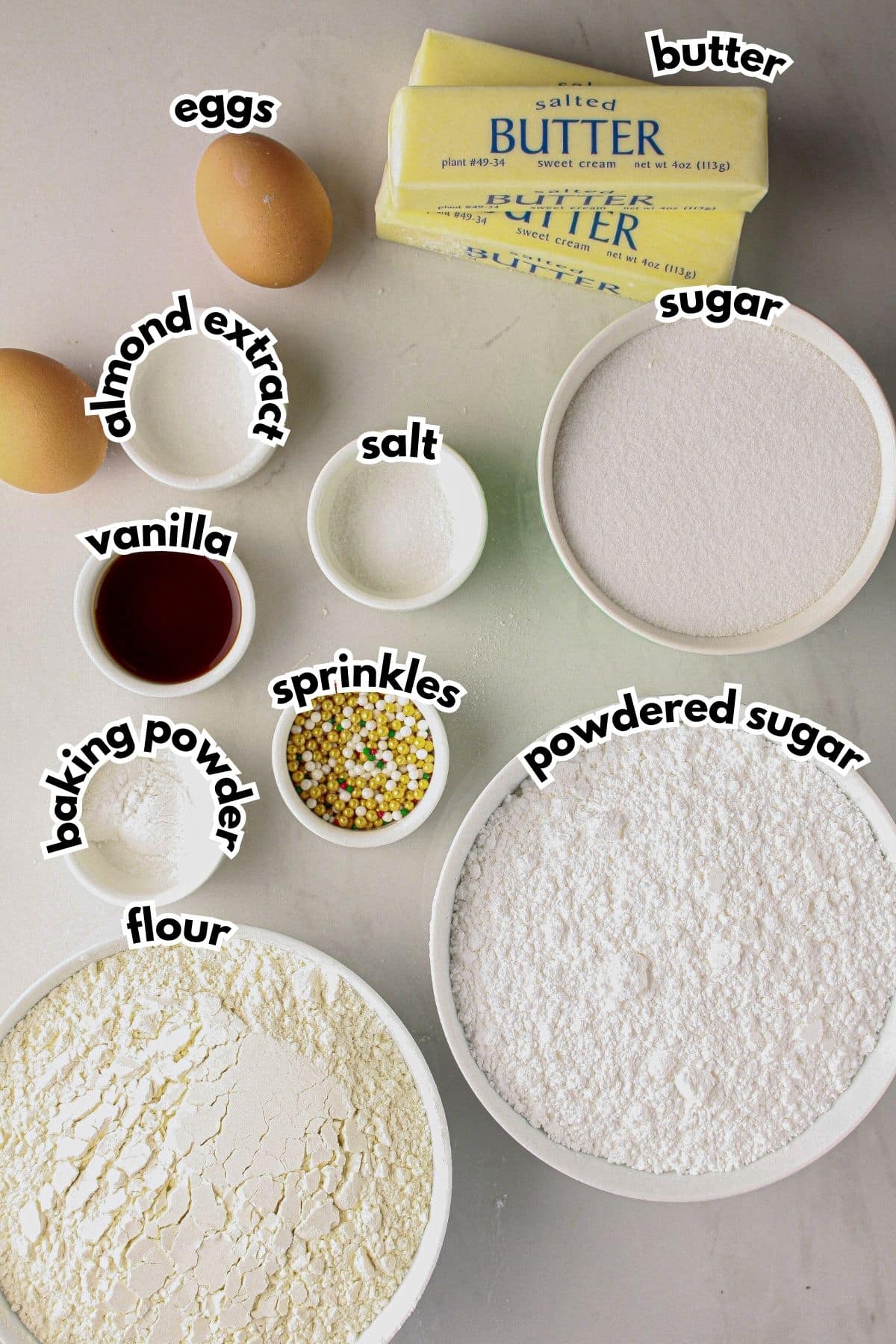 Bowls of ingredients labelled with text.